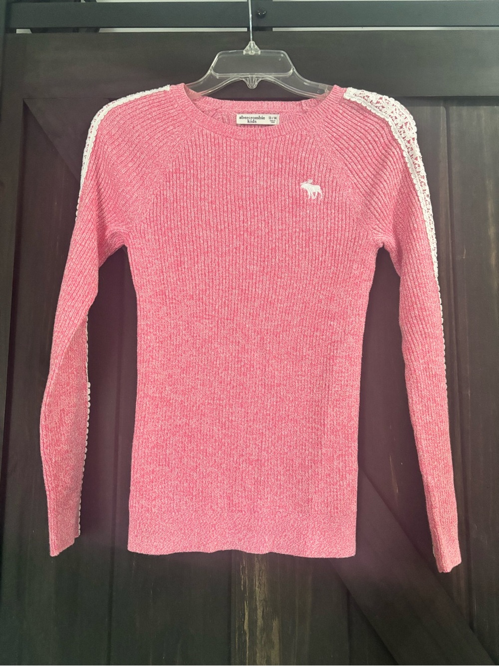 Abercrombie & Fitch Girls Pink Ribbed Crewneck Sweater with White Lace Accents